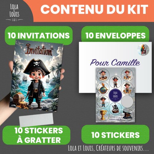 Carte invitation pirate à gratter – Lola & Louis - Contenu du kit
