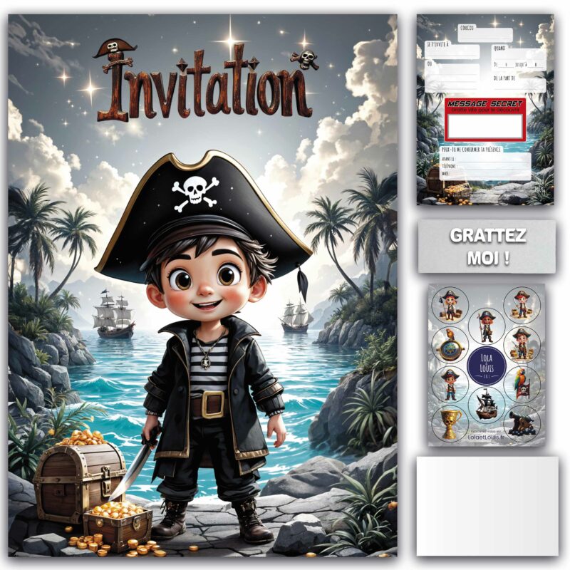 Carte invitation pirate à gratter – Lola & Louis
