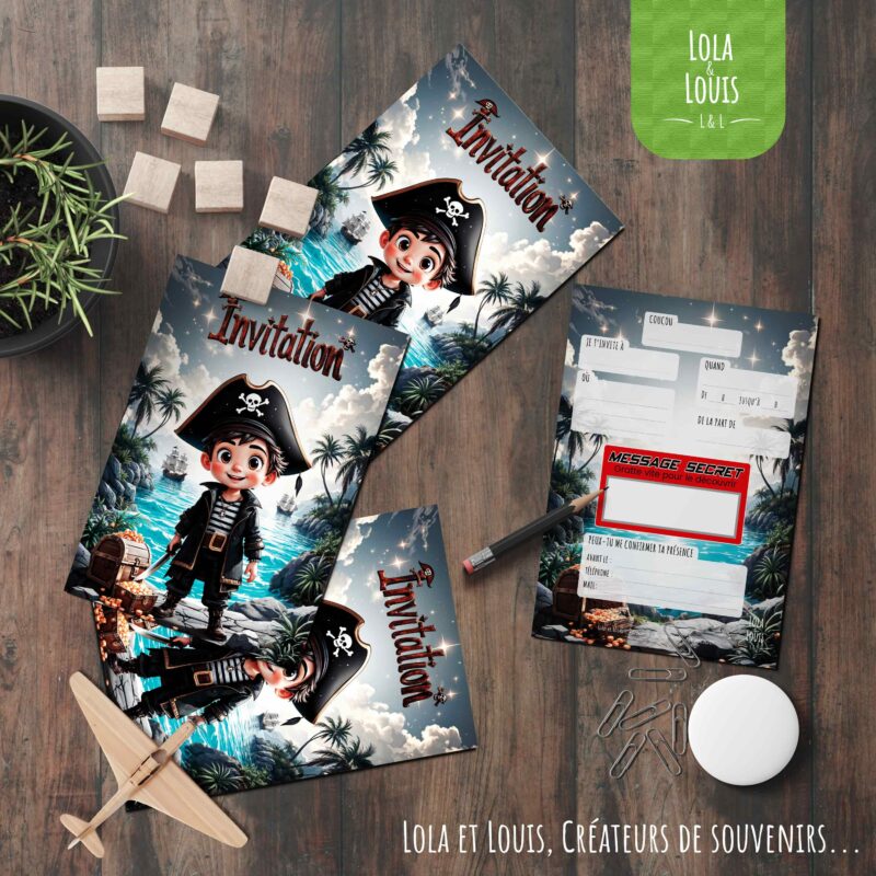 Carte invitation pirate à gratter – Lola & Louis - En Situation