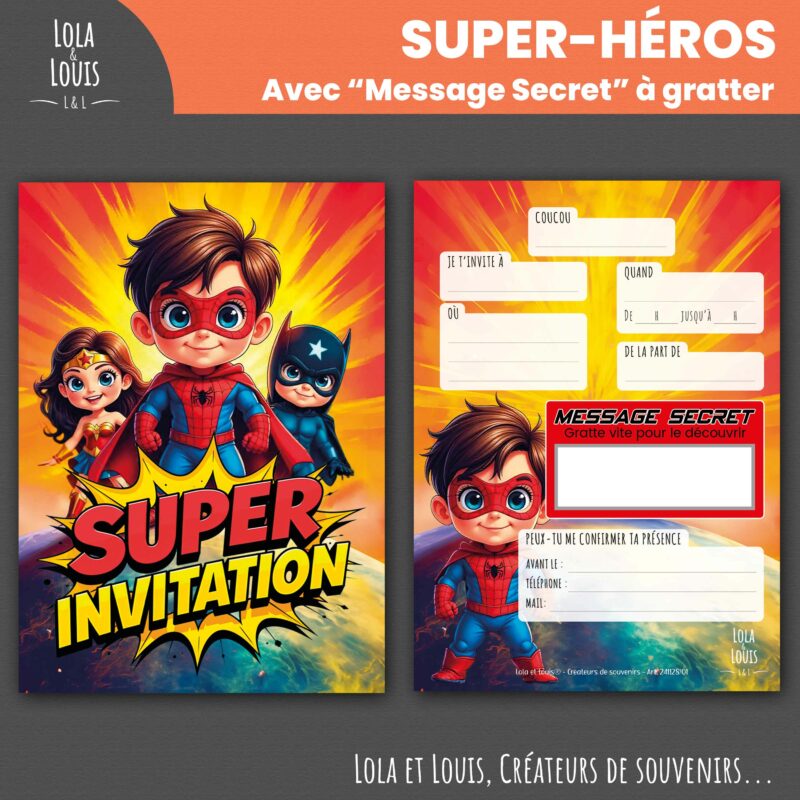 Invitation super heros à gratter – Lola & Louis - Recto Verso