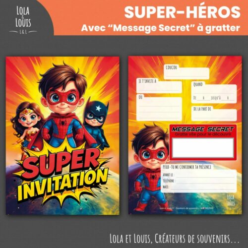 Invitation super heros à gratter – Lola & Louis - Recto Verso