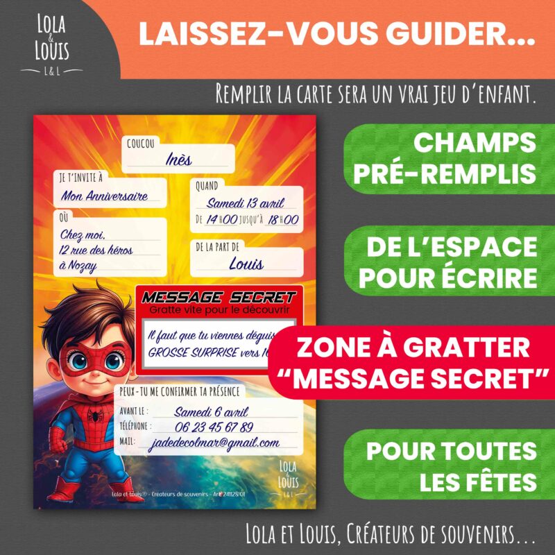 Invitation super heros à gratter – Lola & Louis - Verso