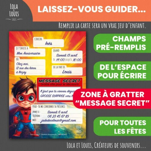 Invitation super heros à gratter – Lola & Louis - Verso