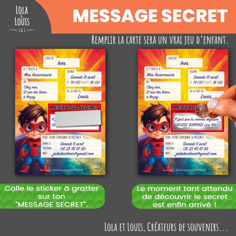 Invitation super heros à gratter – Lola & Louis - Message Secret à Gratter