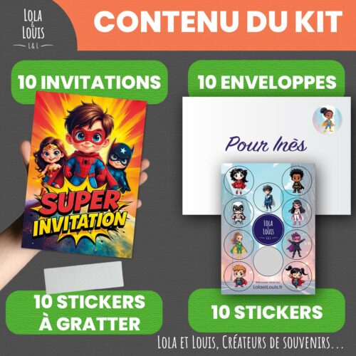 Invitation super heros à gratter – Lola & Louis - Contenu du Kit