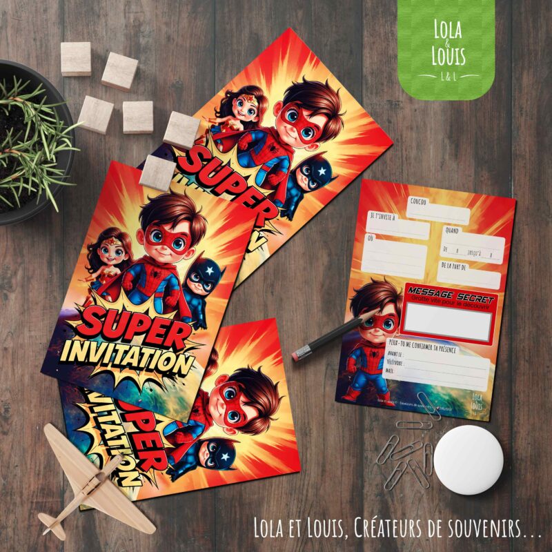 Invitation super heros à gratter – Lola & Louis - En situation