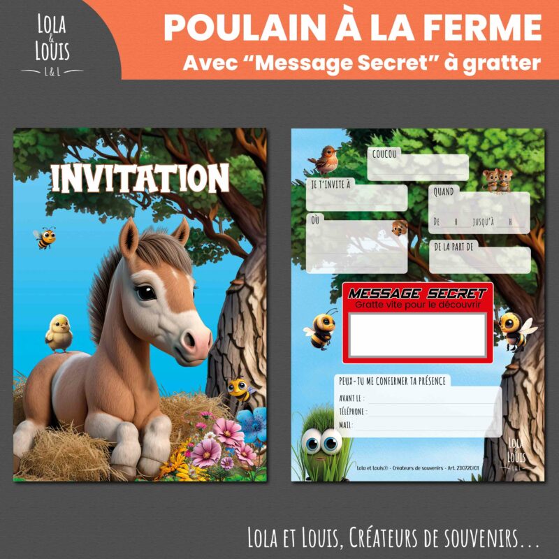 Invitation anniversaire ferme à gratter – Lola & Louis - Recto Verso