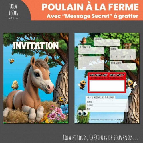 Invitation anniversaire ferme à gratter – Lola & Louis - Recto Verso
