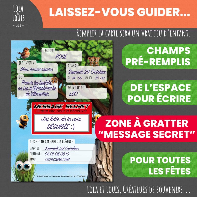 Invitation anniversaire ferme à gratter – Lola & Louis - Verso