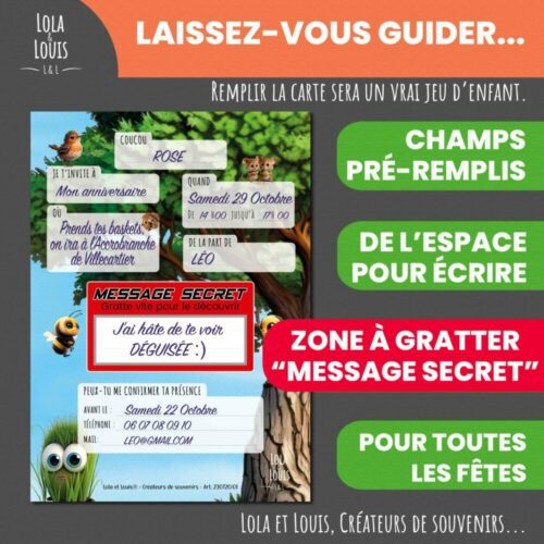 Invitation anniversaire ferme à gratter – Lola & Louis - Verso