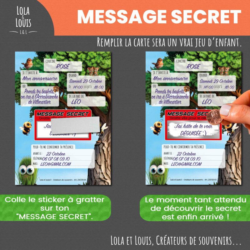 Invitation anniversaire ferme à gratter – Lola & Louis - Message à gratter