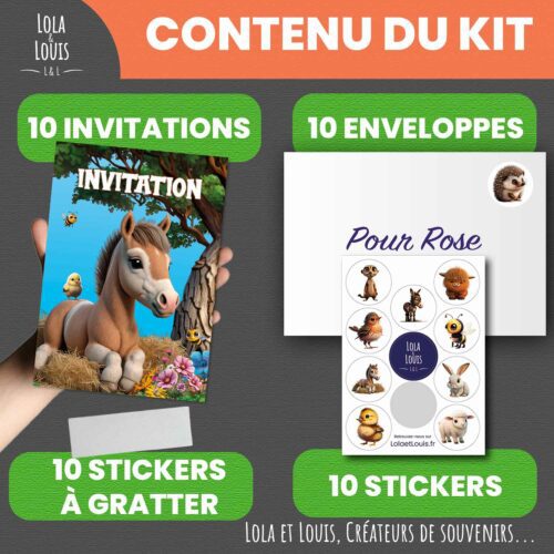 Invitation anniversaire ferme à gratter – Lola & Louis - Contenu du kit