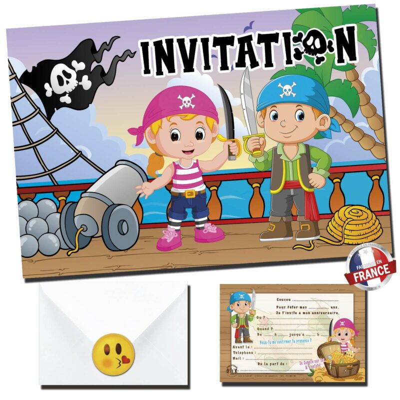 Invitation anniversaire pirate garçon – 8 cartes et enveloppes – Lola & Louis