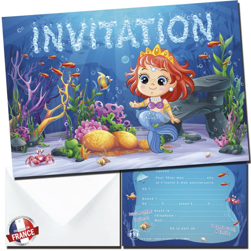 Carte invitation anniversaire sirène princesse océan – cartes et enveloppes – Lola & Louis