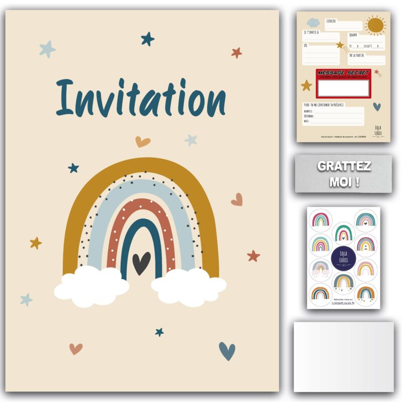 Invitation Fille Arc en Ciel à Gratter – "ARC-EN-CIEL CRÈME" pour 10 invités