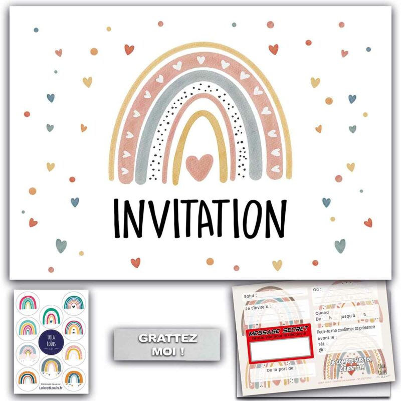 Carte invitation fille arc en ciel – Lola & Louis