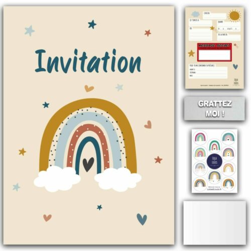 Invitation Fille Arc en Ciel à Gratter – "ARC-EN-CIEL CRÈME" pour 10 invités