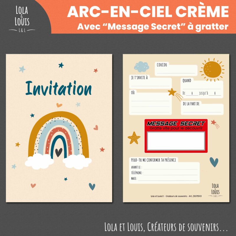 Carte invitation fille arc en ciel à gratter – Lola & Louis - Recto Verso