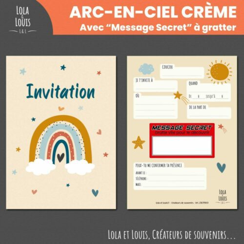 Carte invitation fille arc en ciel à gratter – Lola & Louis - Recto Verso