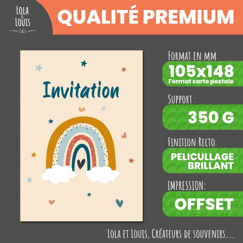 Carte invitation fille arc en ciel à gratter – Lola & Louis - Recto
