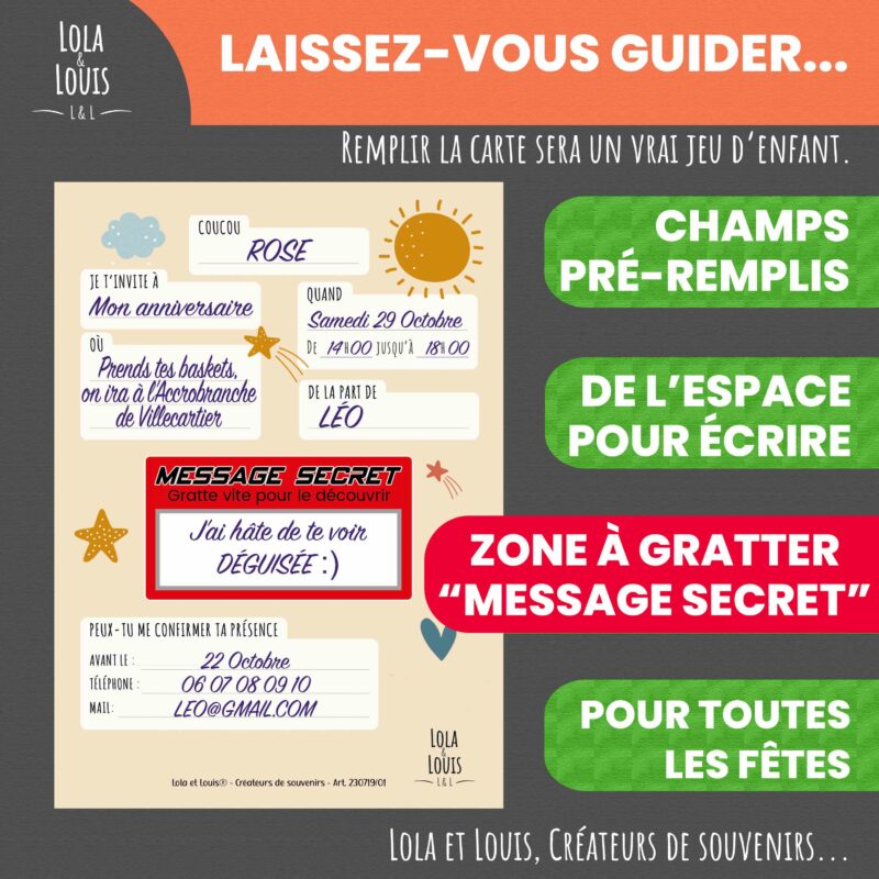 Carte invitation fille arc en ciel à gratter – Lola & Louis - Verso
