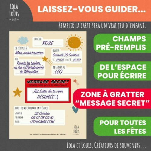 Carte invitation fille arc en ciel à gratter – Lola & Louis - Verso