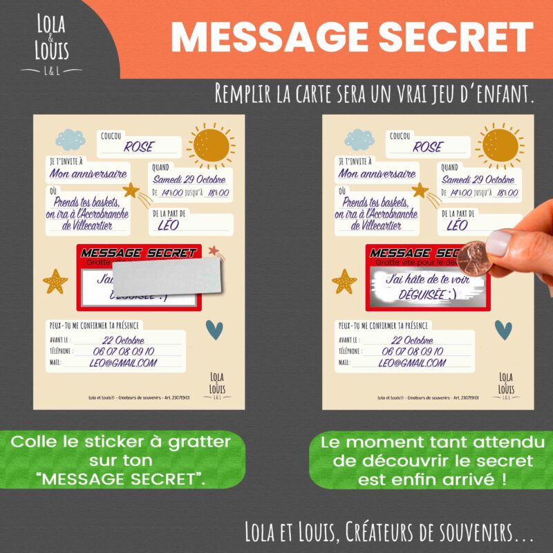 Carte invitation fille arc en ciel à gratter – Lola & Louis - Message à gratter