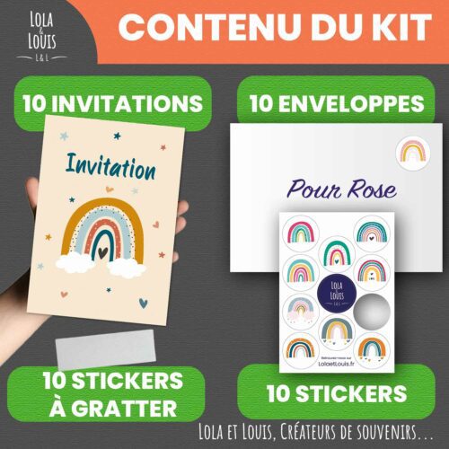 Carte invitation fille arc en ciel à gratter – Lola & Louis - Contenu du kit