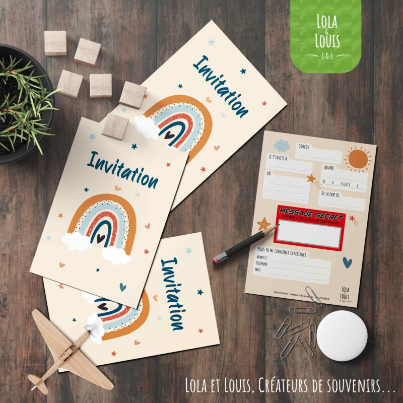 Carte invitation fille arc en ciel à gratter – Lola & Louis