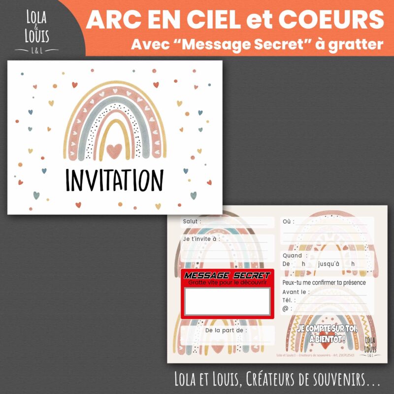 Carte invitation fille arc en ciel – Lola & Louis - Recto Verso