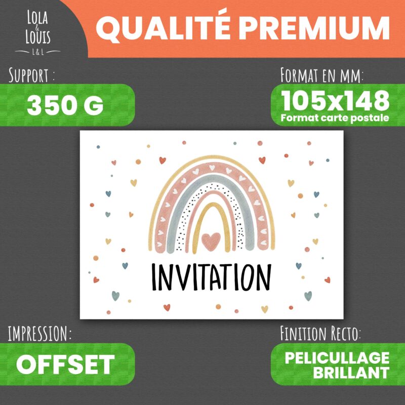 Carte invitation fille arc en ciel – Lola & Louis - Recto
