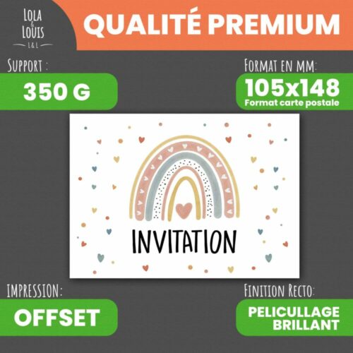 Carte invitation fille arc en ciel – Lola & Louis - Recto