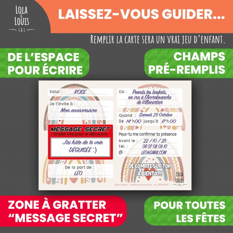 Carte invitation fille arc en ciel – Lola & Louis - Verso