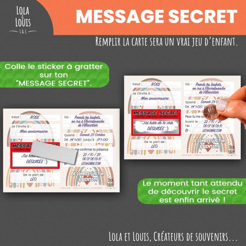 Carte invitation fille arc en ciel – Lola & Louis - Message Secret à gratter