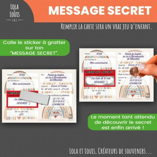 Carte invitation fille arc en ciel – Lola & Louis - Message Secret à gratter