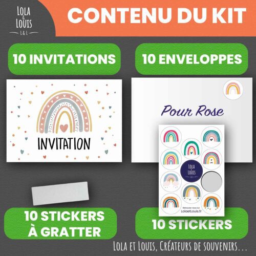Carte invitation fille arc en ciel – Lola & Louis - Contenu du kit