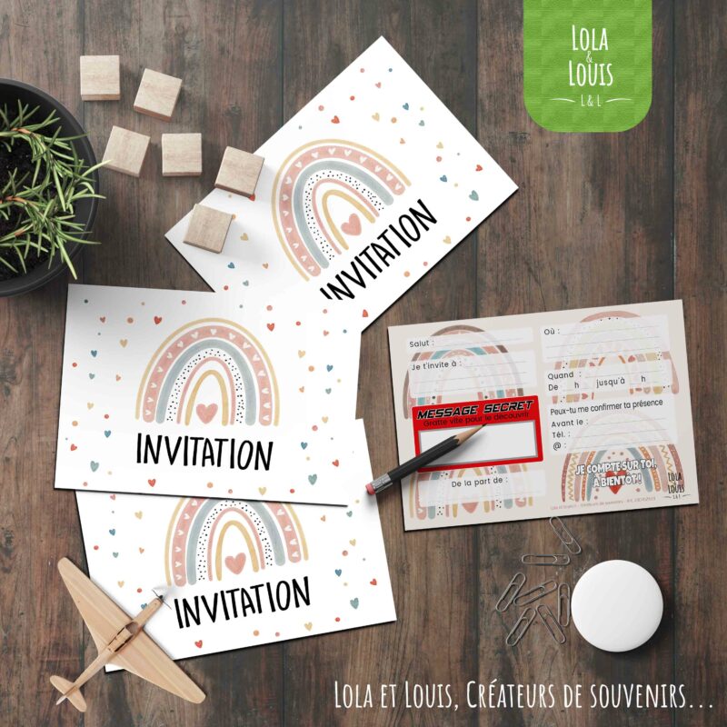 Carte invitation fille arc en ciel – Lola & Louis