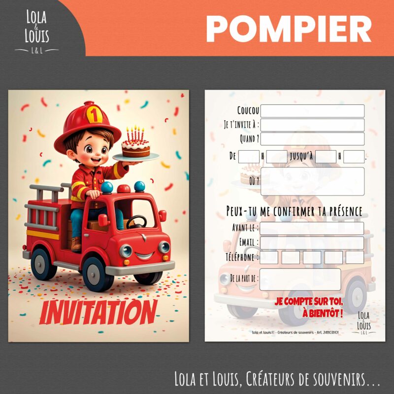 Carte invitation camion pompier – Lola & Louis - Recto Verso