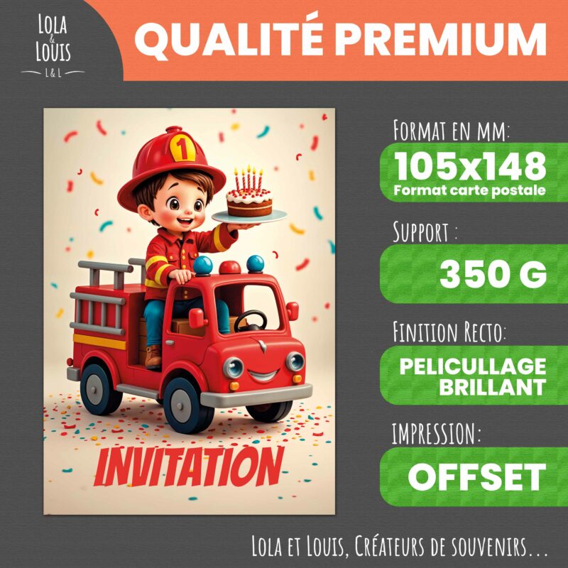 Carte invitation camion pompier – Lola & Louis - Recto