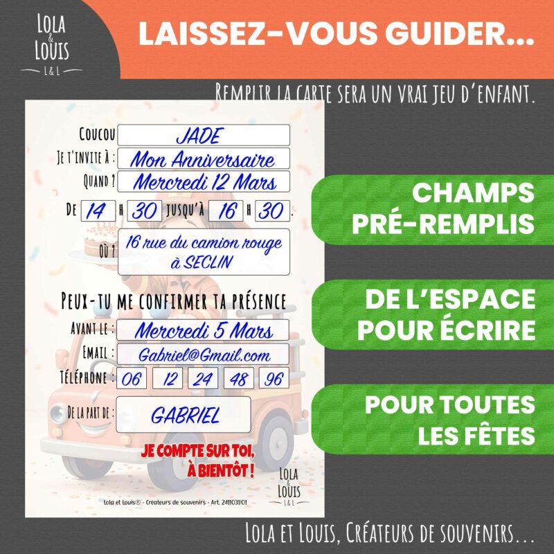 Carte invitation camion pompier – Lola & Louis - Verso