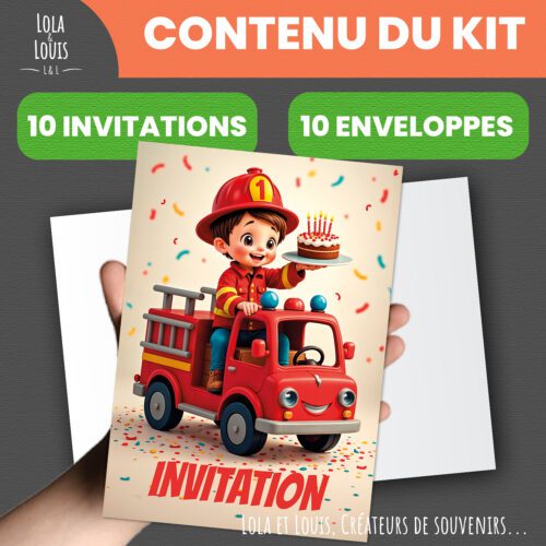 Carte invitation camion pompier – Lola & Louis - Contenu du kit