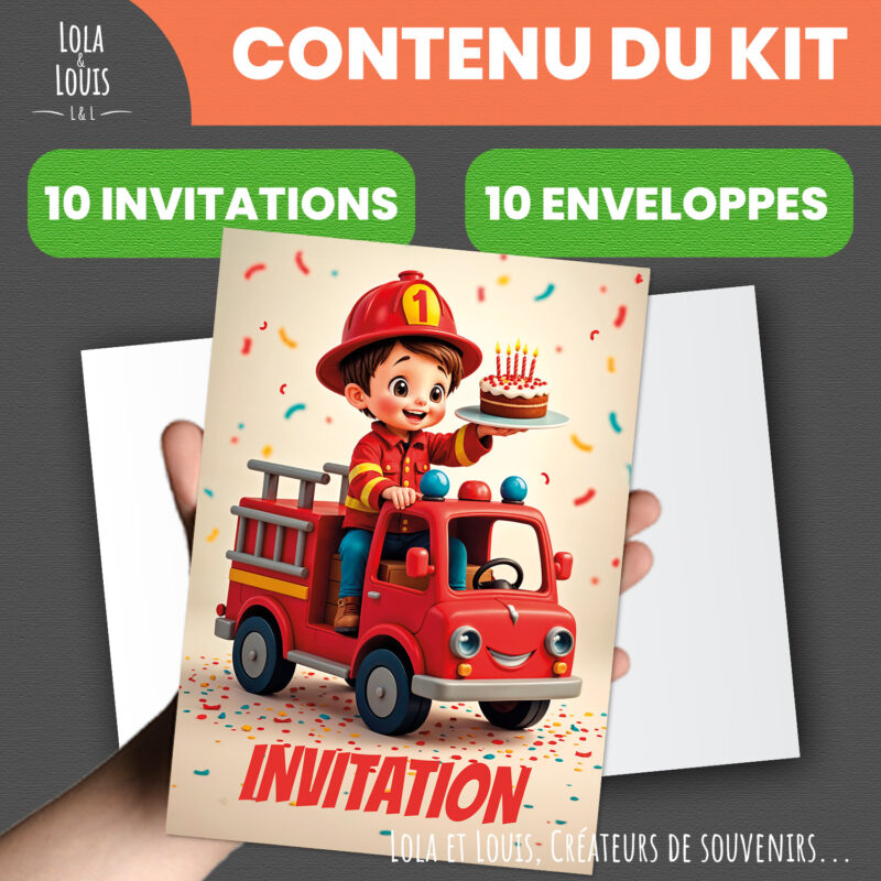 Carte invitation camion pompier – Lola & Louis - Contenu du kit