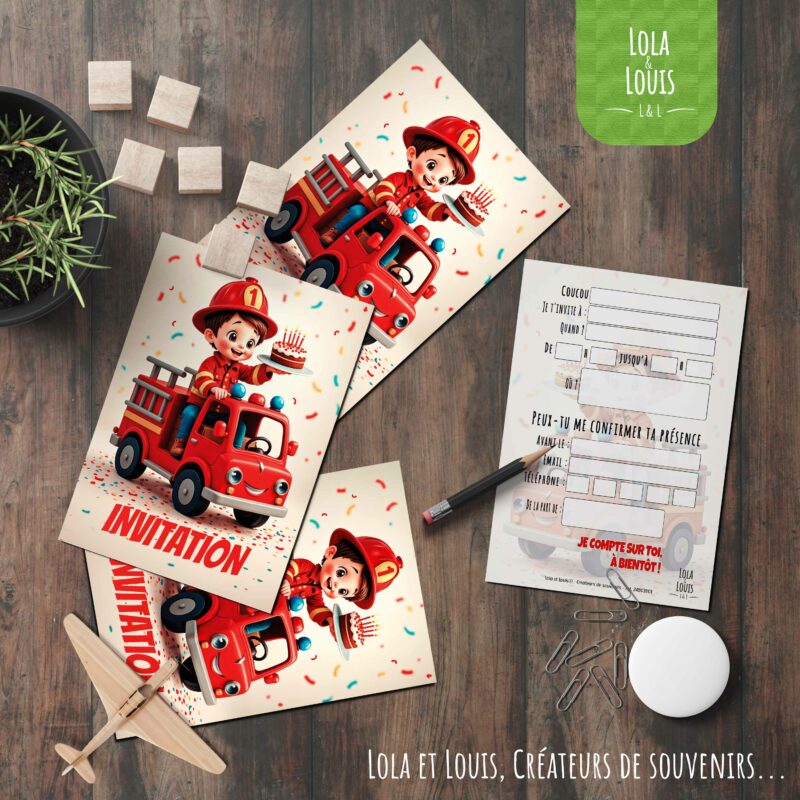 Carte invitation camion pompier – Lola & Louis - En situation