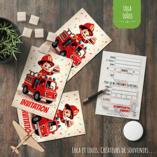Carte invitation camion pompier – Lola & Louis - En situation