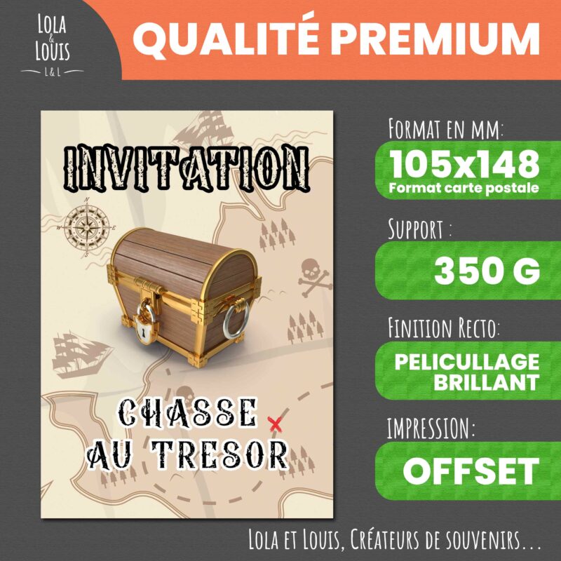 Invitation enfant chasse au trésor à gratter – Lola & Louis - Recto