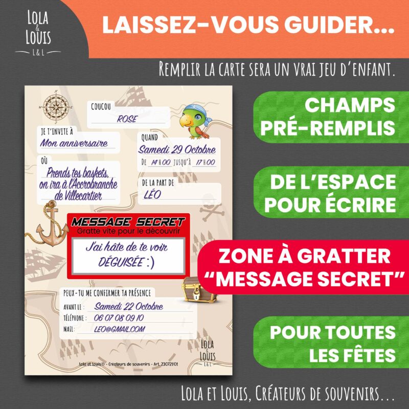 Invitation enfant chasse au trésor à gratter – Lola & Louis - Verso