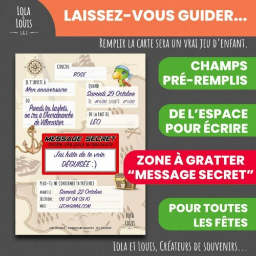 Invitation enfant chasse au trésor à gratter – Lola & Louis - Verso
