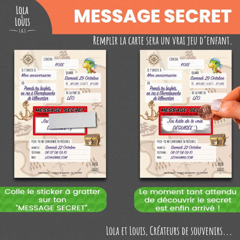Invitation enfant chasse au trésor à gratter – Lola & Louis - Message à gratter