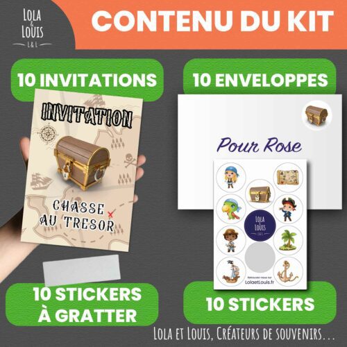 Invitation enfant chasse au trésor à gratter – Lola & Louis - Contenu du kit