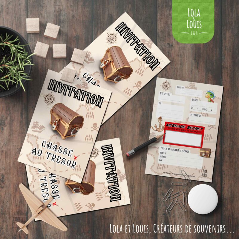 carte Invitation enfant chasse au trésor à gratter – Lola & Louis